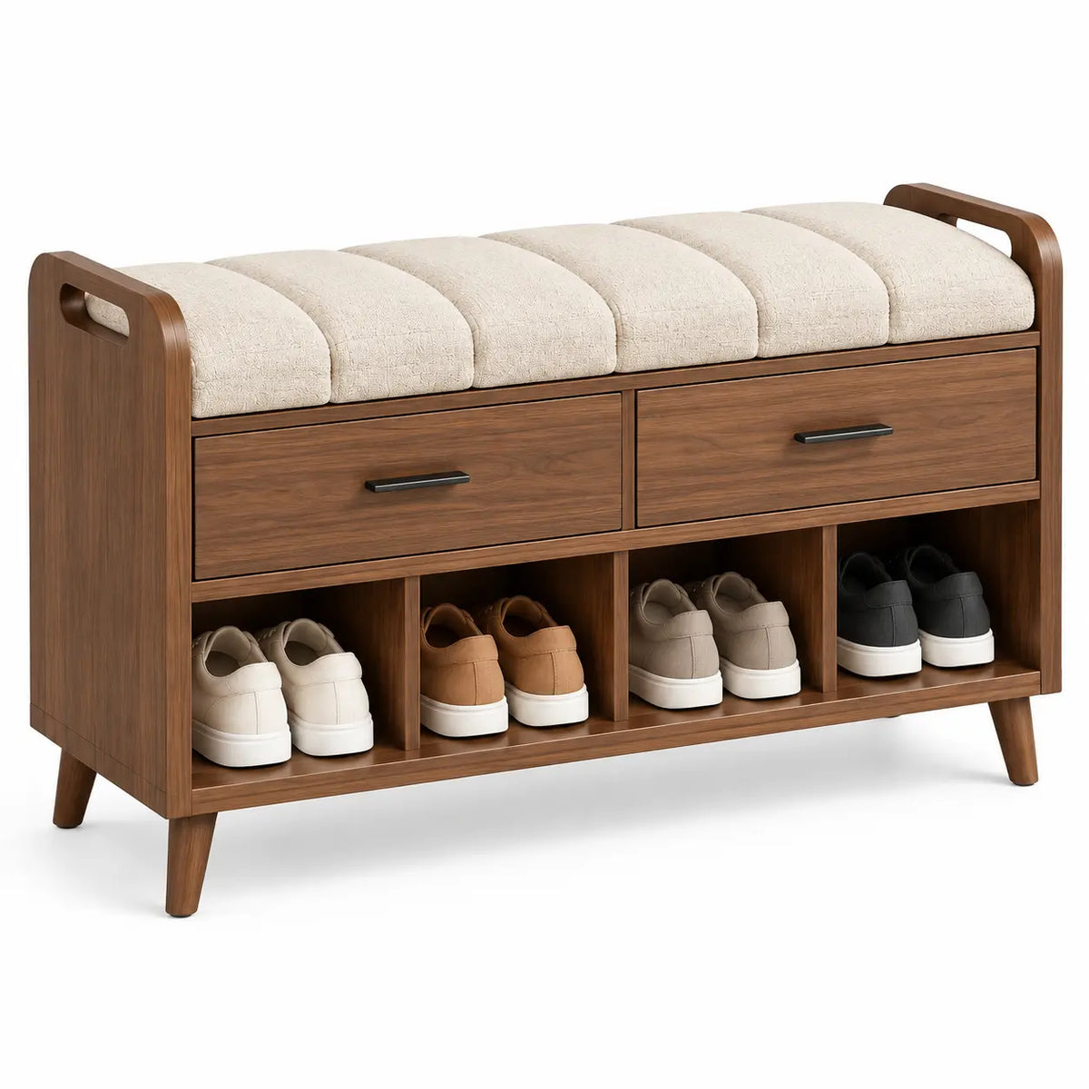 Banco con asiento acolchado con cajones y estantes, marrón y beige