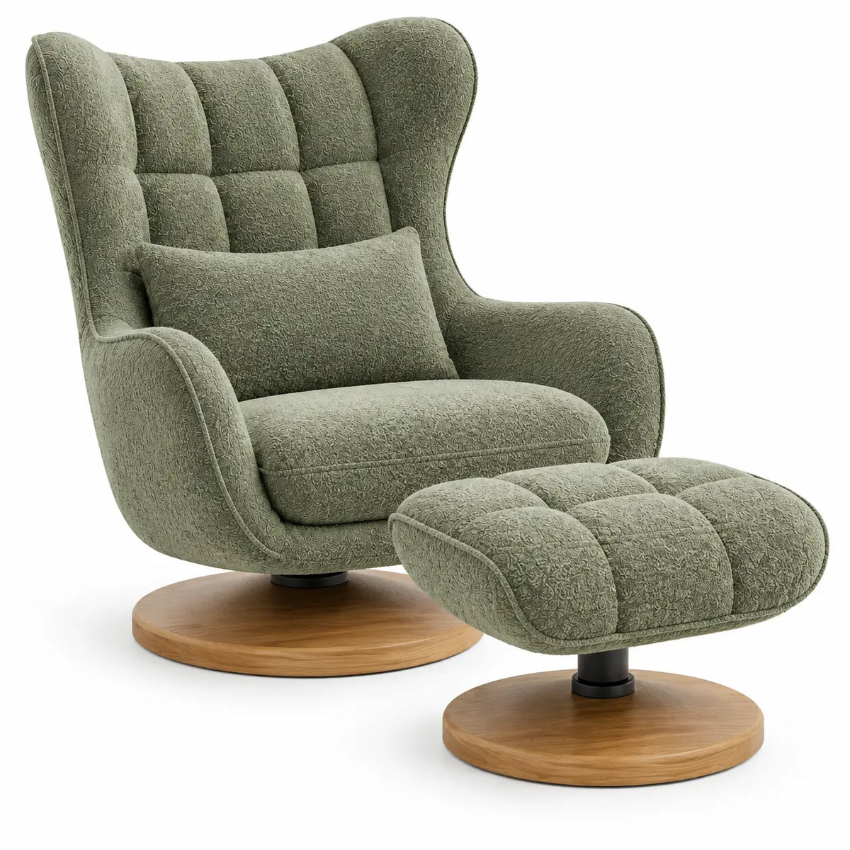Sillón con reposapiés con acolchado acanalado y respaldo alto, verde y marrón