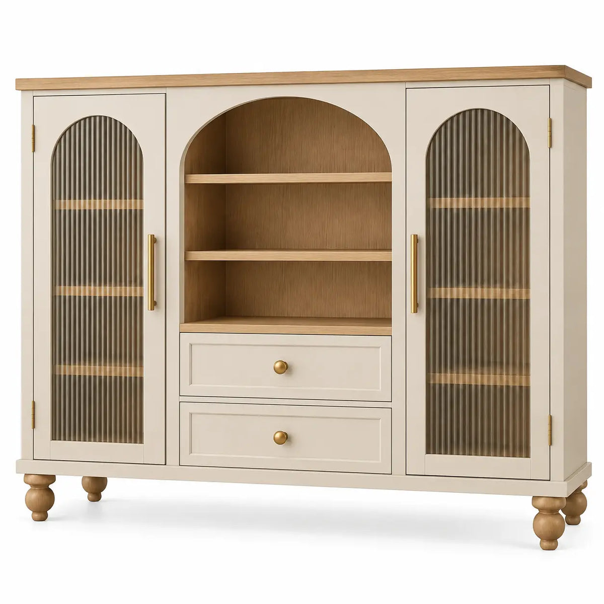 Armario de almacenamiento con formas arqueadas y puertas acristaladas, blanco y marrón