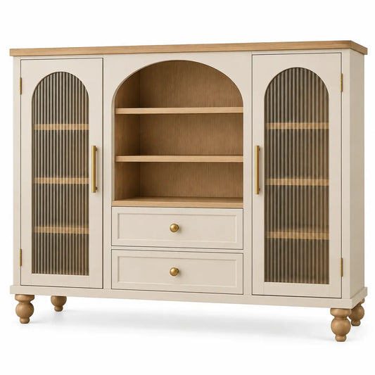 Armario de almacenamiento con formas arqueadas y puertas acristaladas, blanco y marrón