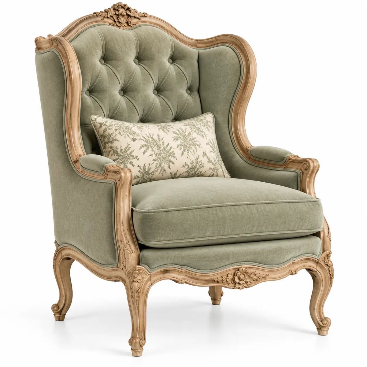 Sillón tapizado con botones decorativos, verde y marrón