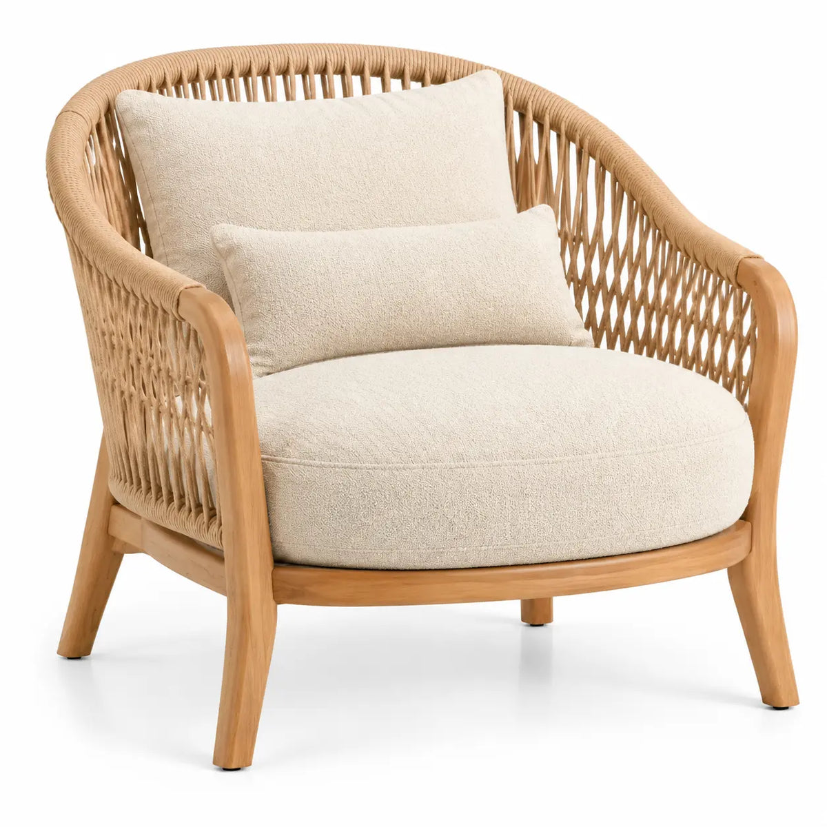 Sillón con estructura abierta con detalles de líneas verticales, beige y marrón