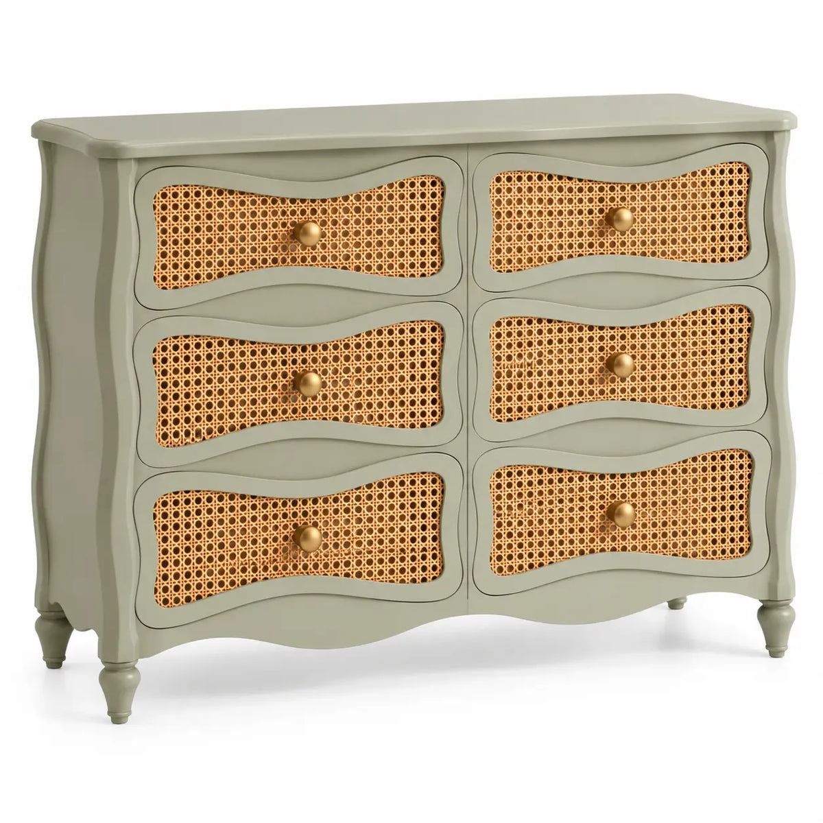 Cómoda con cajones con detalles de entramado, verde y marrón