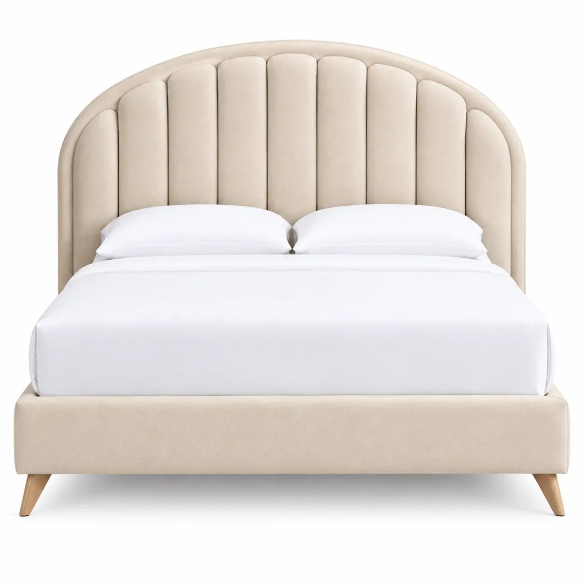 Estructura de cama con cabecero con formas arqueadas, beige y marrón