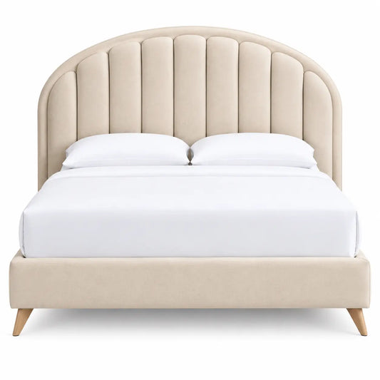Estructura de cama con cabecero con formas arqueadas, beige y marrón