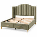 Estructura de cama con cabecero con acolchado acanalado y cajones, verde y marrón