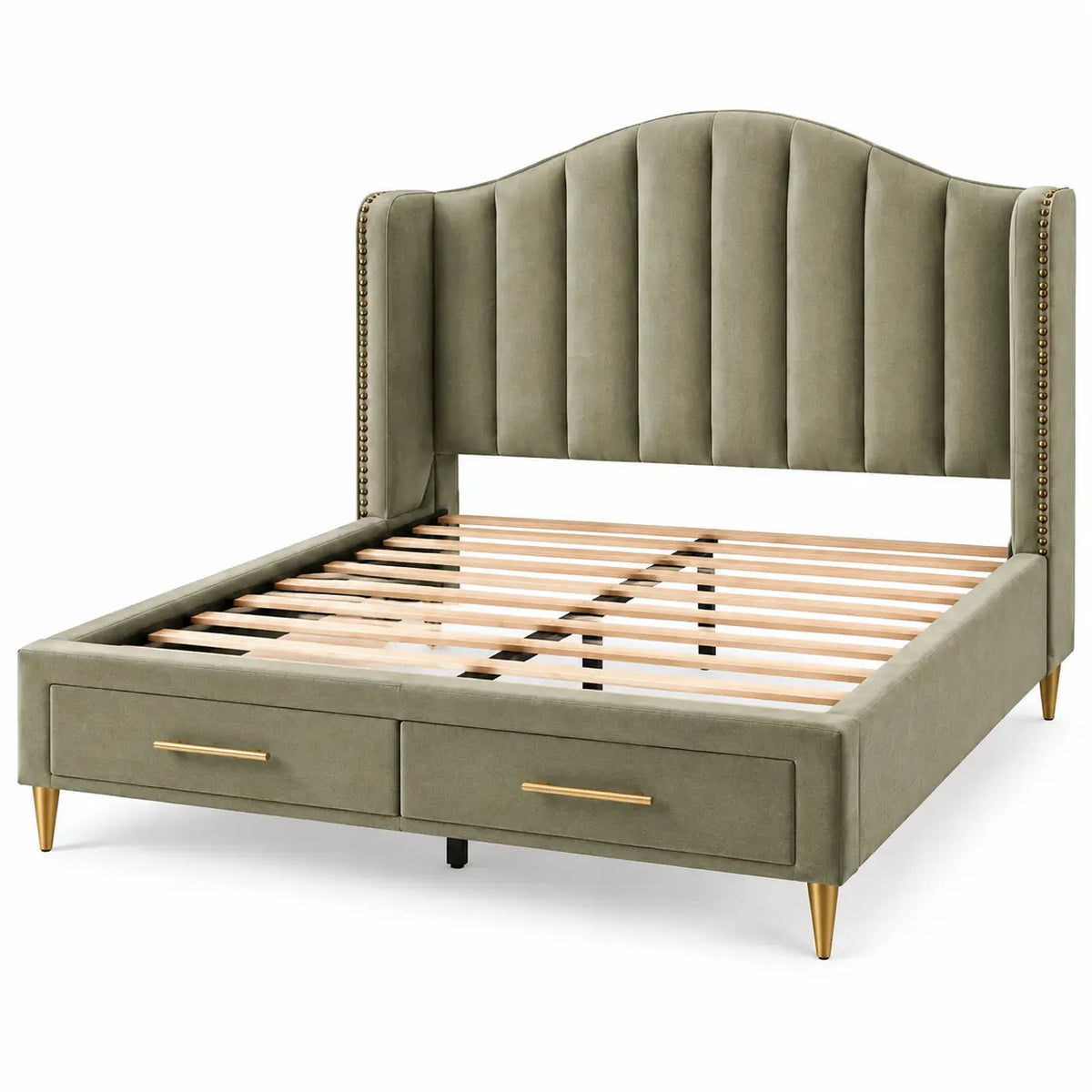 Estructura de cama con cabecero con acolchado acanalado y cajones, verde y marrón