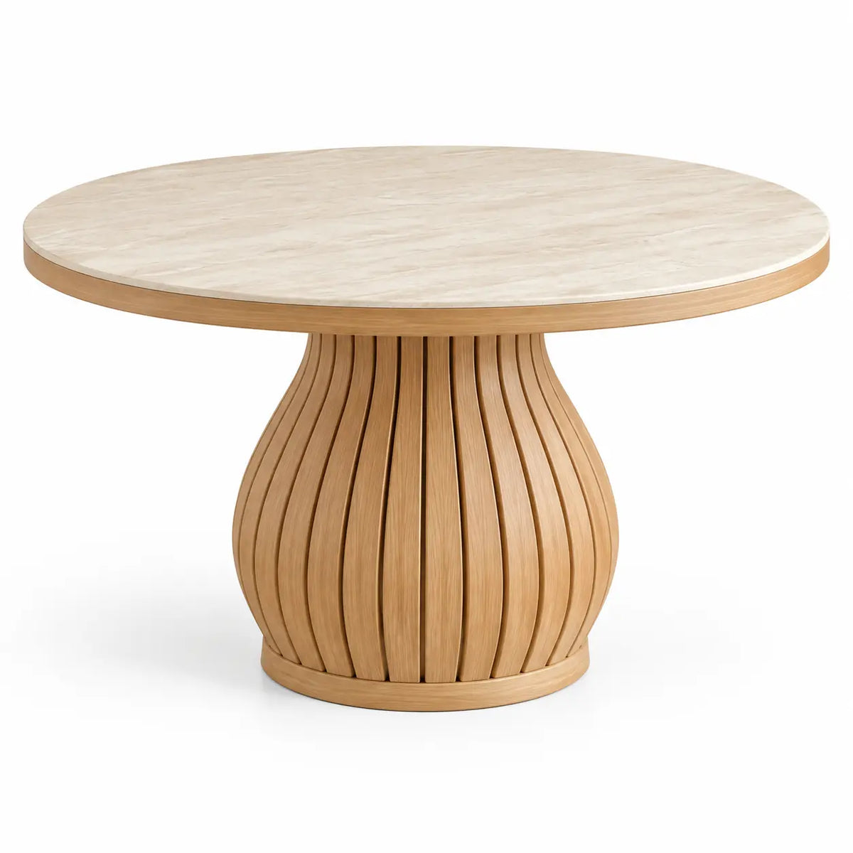 Mesa de comedor de contorno redondeado, beige y marrón