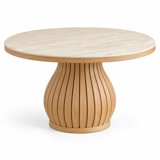 Mesa de comedor de contorno redondeado, beige y marrón