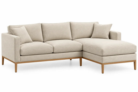 Sofá esquinero tapizado con patas elevadas, beige y marrón