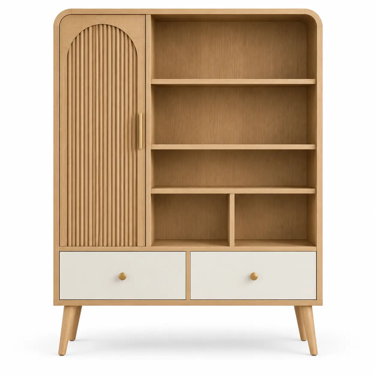 Estantería con almacenamiento con formas arqueadas y detalles de líneas verticales, marrón y blanco